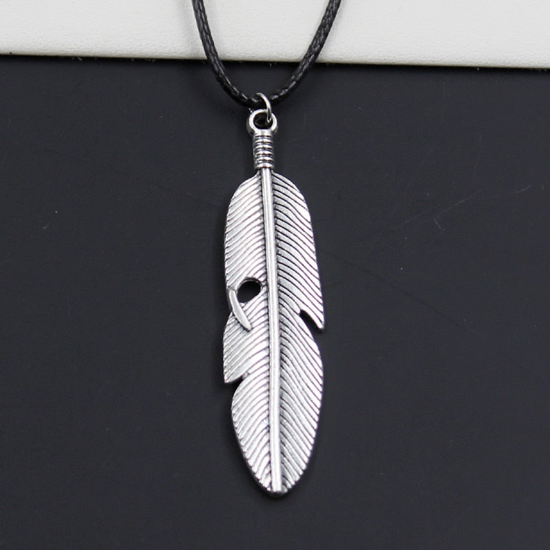 Durable Black Faux Leather Cord Choker Feather Charm DIY Necklace Boho Tibetan Silver Color Pendant