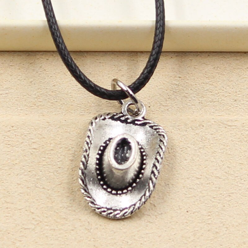 Durable Black Faux Leather Cowboy Hat Cord Choker Charm DIY Necklace Pendant Retro Boho Tibetan Silver Color
