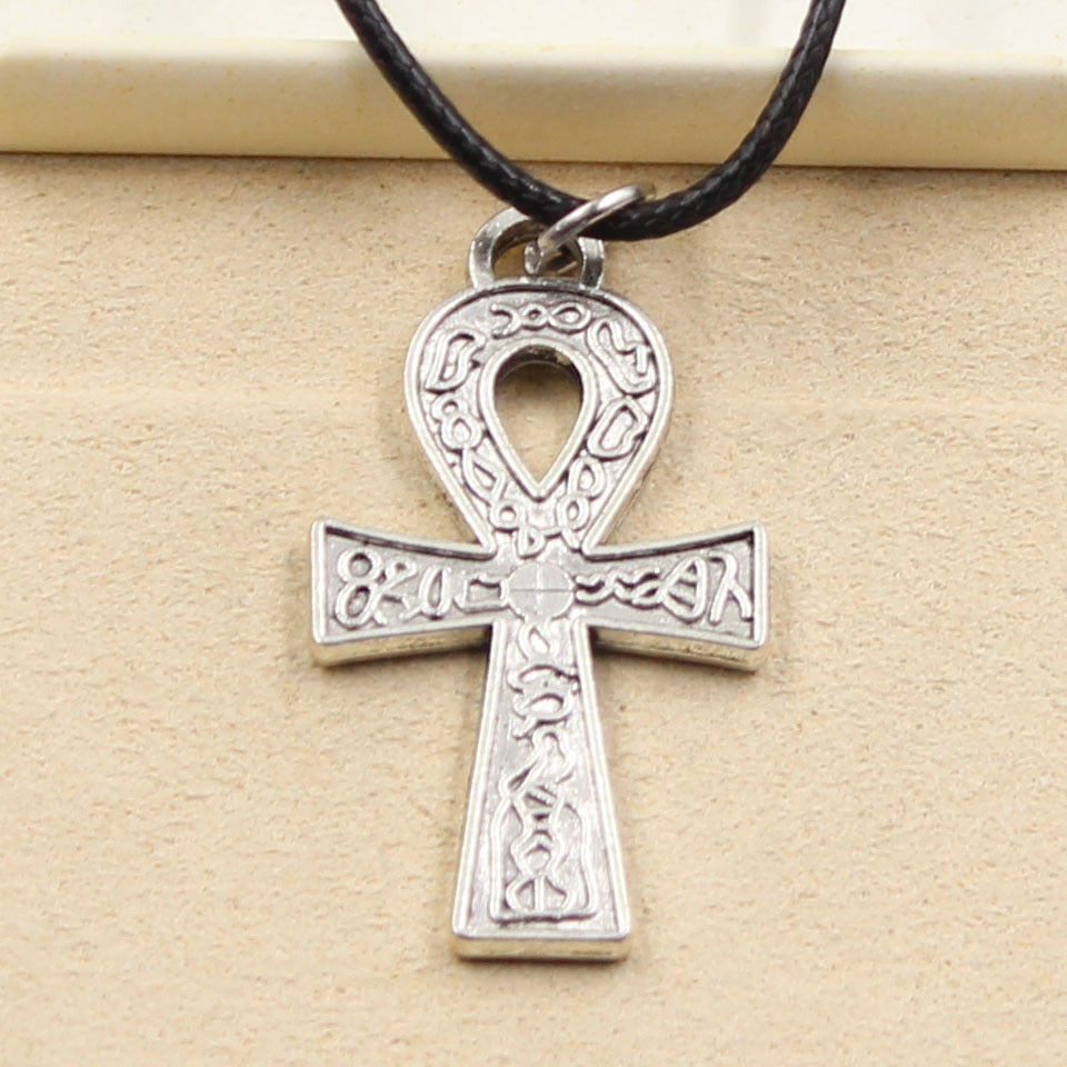 Durable Black Faux Leather Egyptian Ankh Life Symbol Pendant Cord Choker Charm DIY Retro Necklace Jewelry