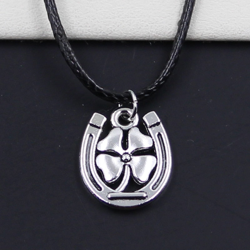 Durable Black Faux Leather Horseshoe Lucky Clover Pendant Cord Choker DIY Necklace Retro Boho Tibetan Silver Color