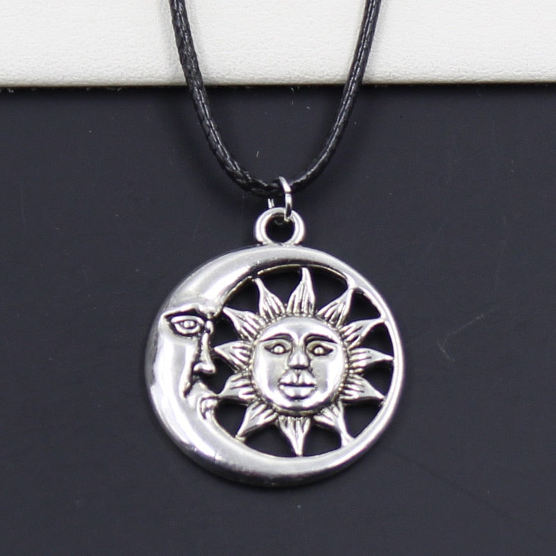 Durable Black Faux Leather Sun Moon Pendant Cord Choker DIY Necklace Retro Boho Tibetan Silver Color