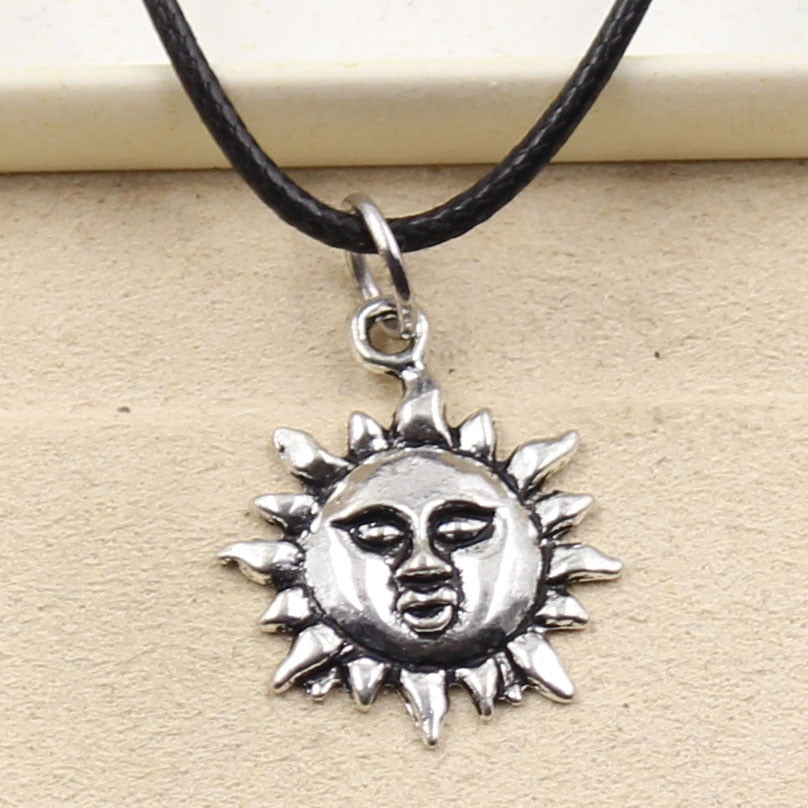 Durable Black Faux Leather Sun Sunburst Pendant Cord Choker Charm DIY Retro Boho Tibetan Silver Color Necklace Jewelry