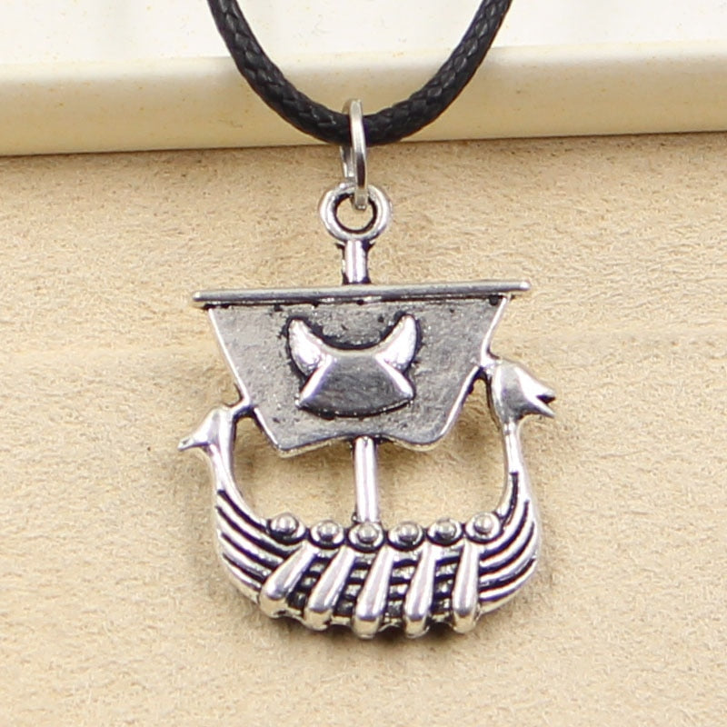 Durable Black Faux Leather Viking Ship Dragon Boat Pendant Cord Choker Charm DIY Retro Boho Necklace Jewelry