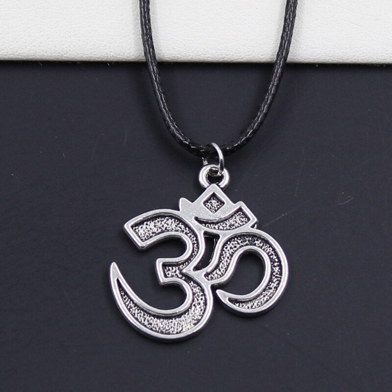 Durable Black Faux Leather Yoga Om Pendant Cord Choker DIY Necklace Retro Boho Tibetan Silver Color