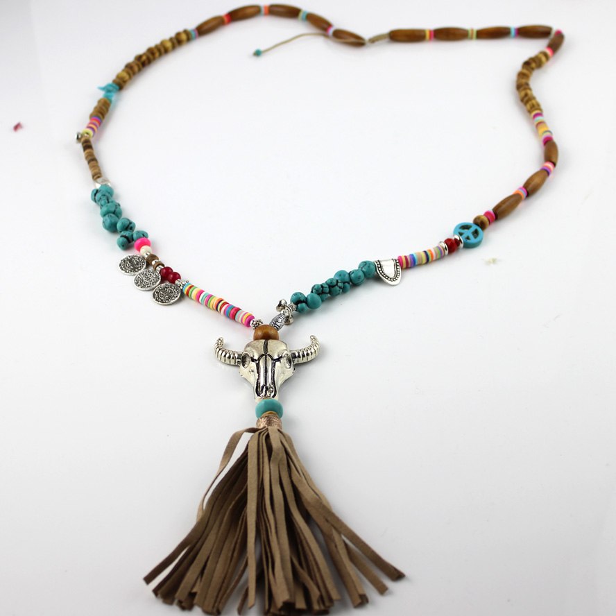 New Ethnic Handcraft Tibet Silver Tauren Vintage Jewelry Leather Tassel Long Necklace Pendants
