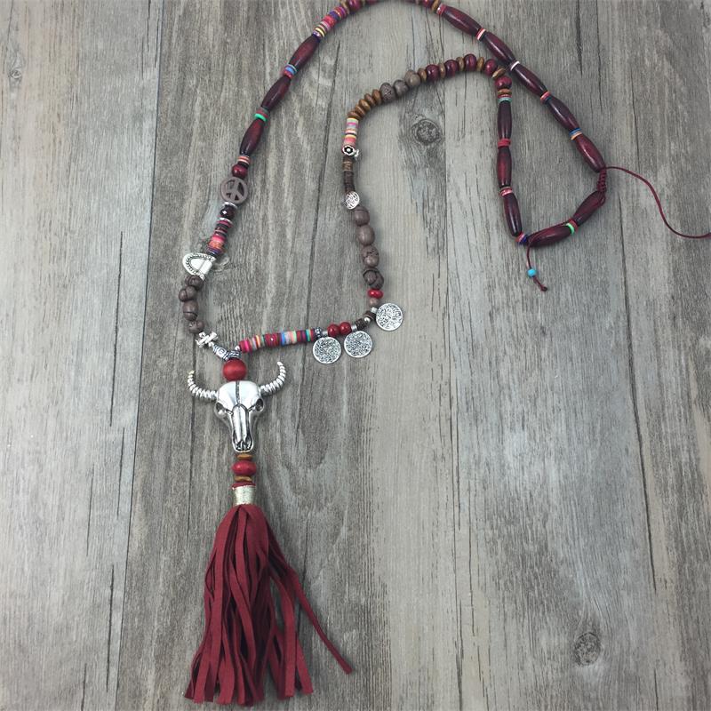 New Ethnic Handcraft Tibet Silver Tauren Vintage Jewelry Leather Tassel Long Necklace Pendants
