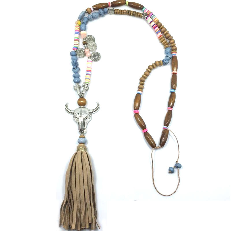 New Ethnic Handcraft Tibet Silver Tauren Vintage Jewelry Leather Tassel Long Necklace Pendants