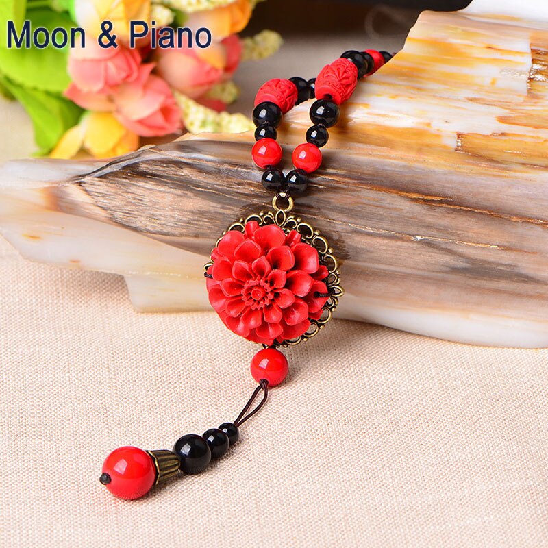 Ethnic Style Ladies Pendant Necklace Retro Red Flower Female Clothes Accessories Temperament Clavicle Sweater Chain