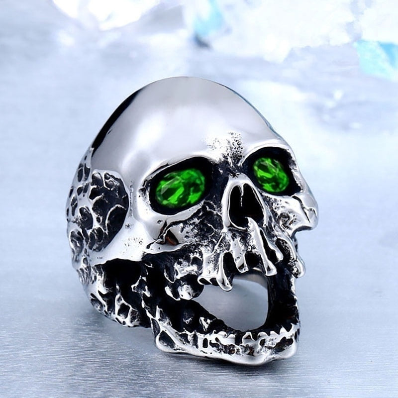 Exaggerated Bohemian Green Crystal Inlaid Skull Ring Men's Ring Metal Skull Crystal Inlaid Ring Accessories Jewelry