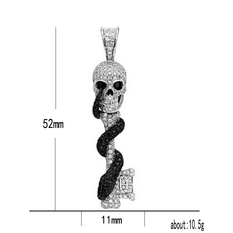 Exaggerated Horror Snake Wrapped Skull Pendant Necklace Men Metal Skull Key Pendant Crystal Inlaid Accessories Party Jewelry