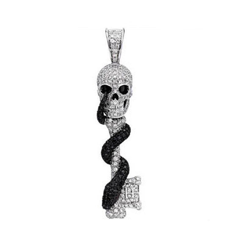 Exaggerated Horror Snake Wrapped Skull Pendant Necklace Men Metal Skull Key Pendant Crystal Inlaid Accessories Party Jewelry