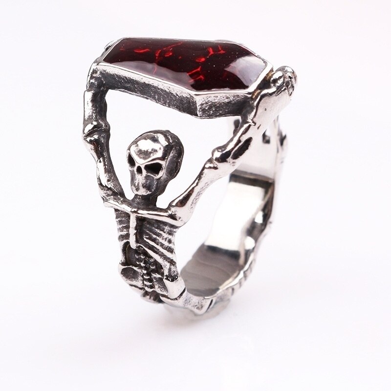 Exaggerated Skull Coffin Shape Crystal Inlaid Ring Men's Ring Metal Horror Ring Accessories Party Jewelry Size 7 ~12