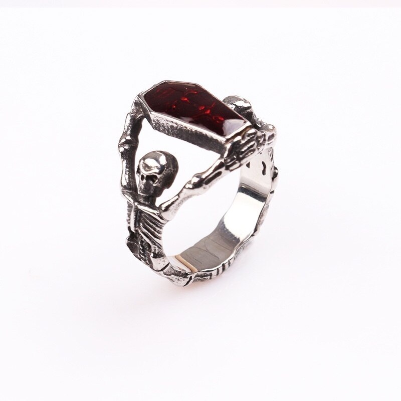Exaggerated Skull Coffin Shape Crystal Inlaid Ring Men's Ring Metal Horror Ring Accessories Party Jewelry Size 7 ~12