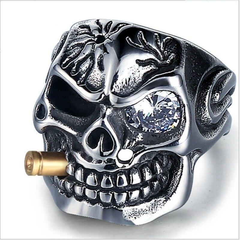 Exaggerated Skull Head Ring Men's Ring Bohemian Crystal Inlaid Bullet Inlaid Ring Accessories Party Jewelry Size: 8-13
