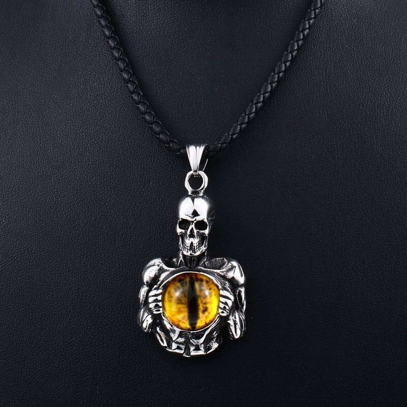 Exaggerated Skull Inlaid Cat's Eye Stone Pendant for Men Metal Sliding Horror Pendant Necklace Accessories Party Jewelry