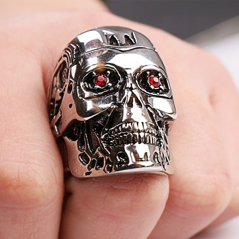 Exaggerated Skull Ring Men's Ring Bohemian Red Crystal Inlaid Metal Silver-Plated Ring Accessories Party Jewelry