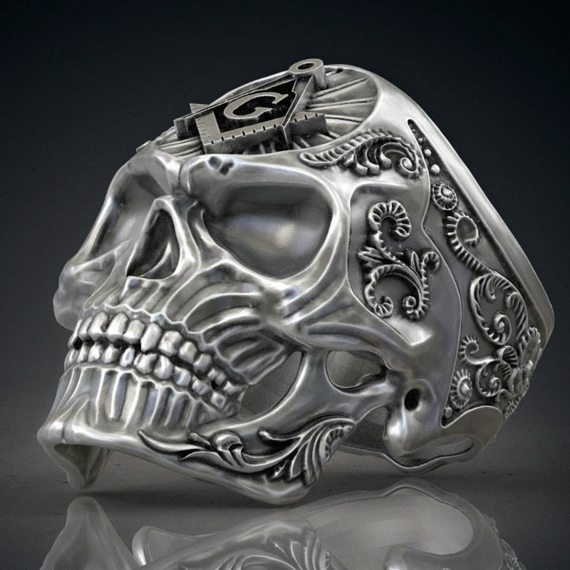 Exaggerated Skull Shape Ag Masonic Pattern Ring Men's Ring Metal Skull Ring Accessories Party Jewelry Size 8 ~ 13