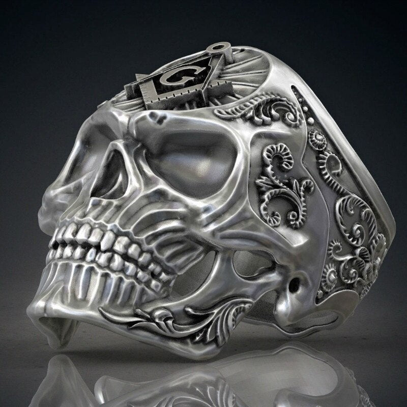Exaggerated Skull Shape Ag Masonic Pattern Ring Men's Ring Metal Skull Ring Accessories Party Jewelry Size 8 ~ 13