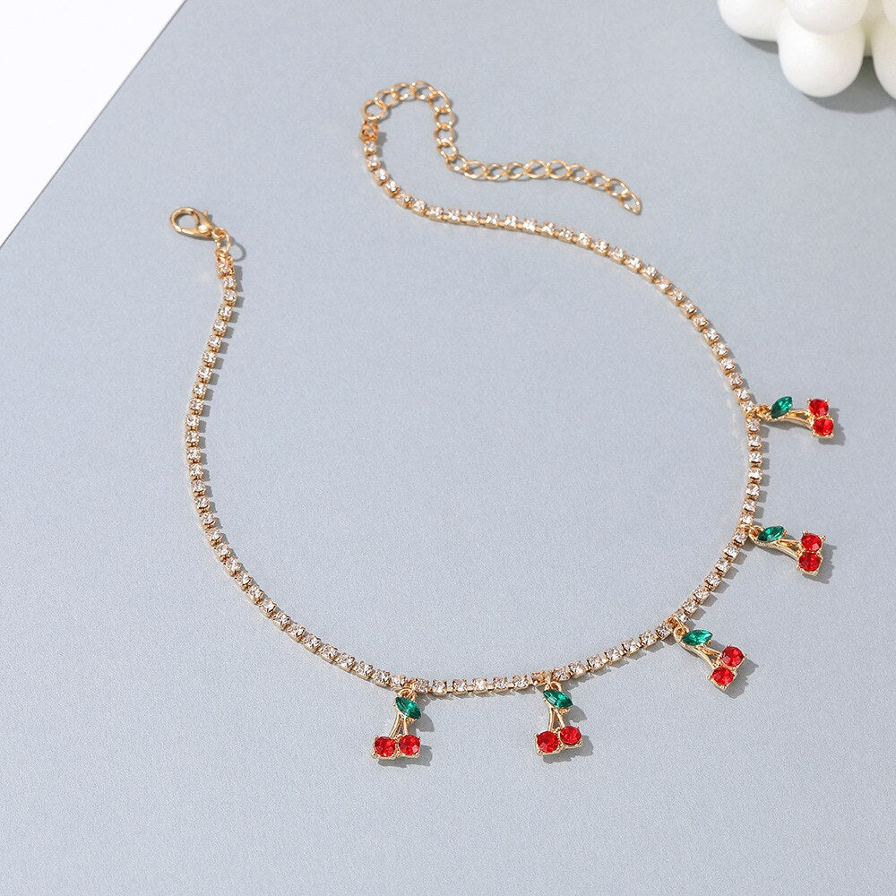 Exquisite Crystal Cherry Tassel Pendant Necklace For Women Hip Hop Gold Silver Color Tennis Chain Fruit Charm Choker Jewelry
