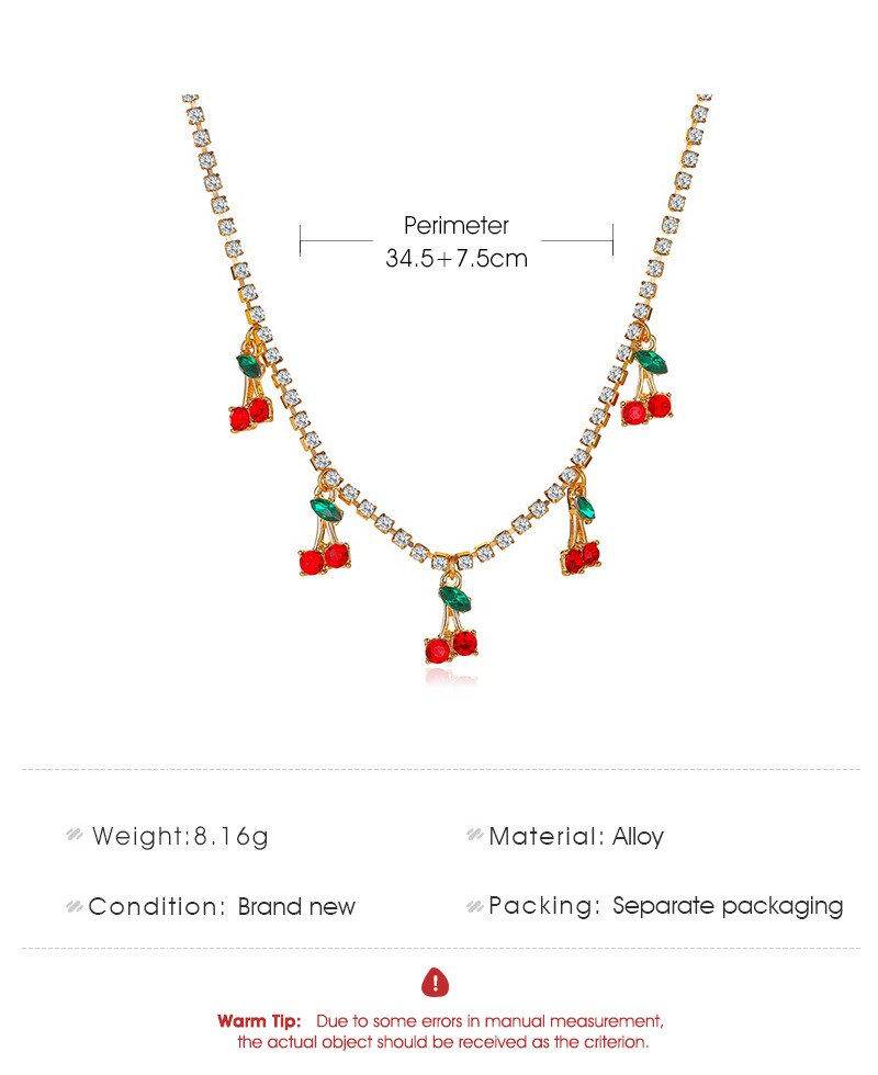 Exquisite Crystal Cherry Tassel Pendant Necklace For Women Hip Hop Gold Silver Color Tennis Chain Fruit Charm Choker Jewelry