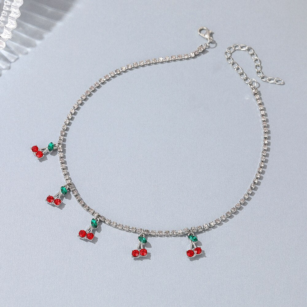 Exquisite Crystal Cherry Tassel Pendant Necklace For Women Hip Hop Gold Silver Color Tennis Chain Fruit Charm Choker Jewelry