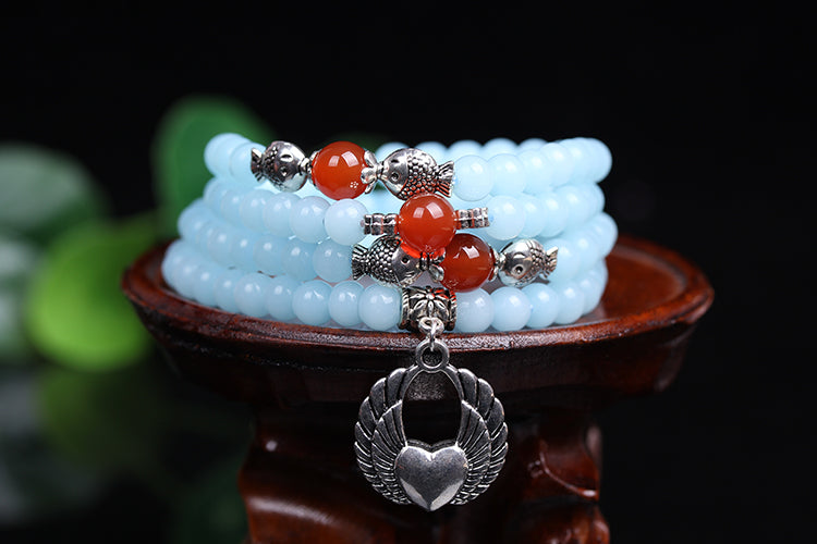 New Fashion 6mm Blue Chalcedony stone beads Tibetan Buddhist 108 Prayer Beads Gourd mala Prayer Bracelet for Meditation