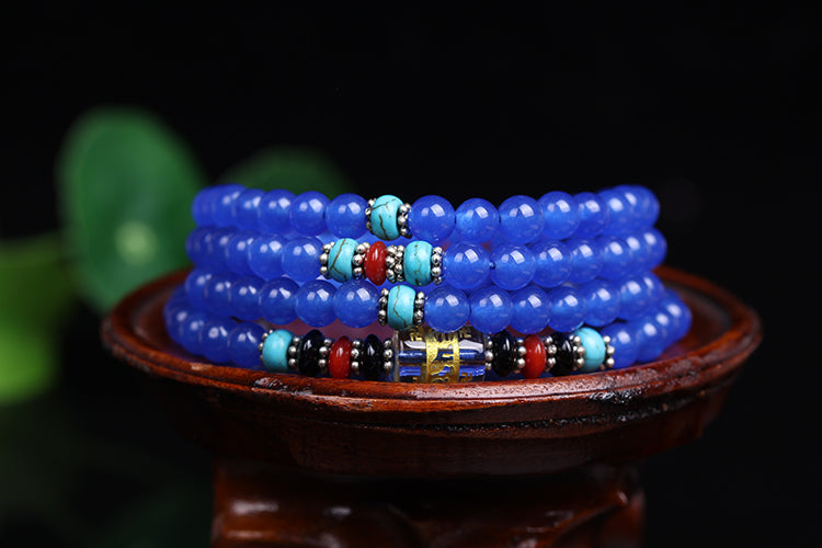 New Fashion 6mm Blue Chalcedony stone beads Tibetan Buddhist 108 Prayer Beads Gourd mala Prayer Bracelet for Meditation