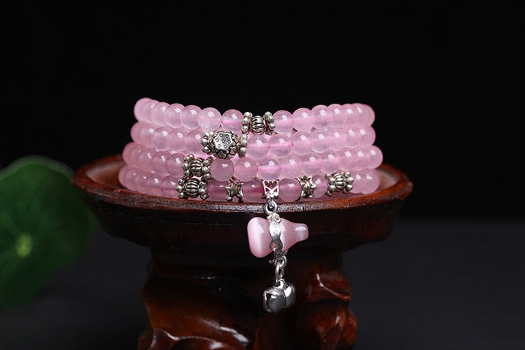 New Fashion 6mm Pink Quartz Beads Tibetan Buddhist 108 Prayer Beads Bracelets Gourd mala Prayer Bracelet for Meditation