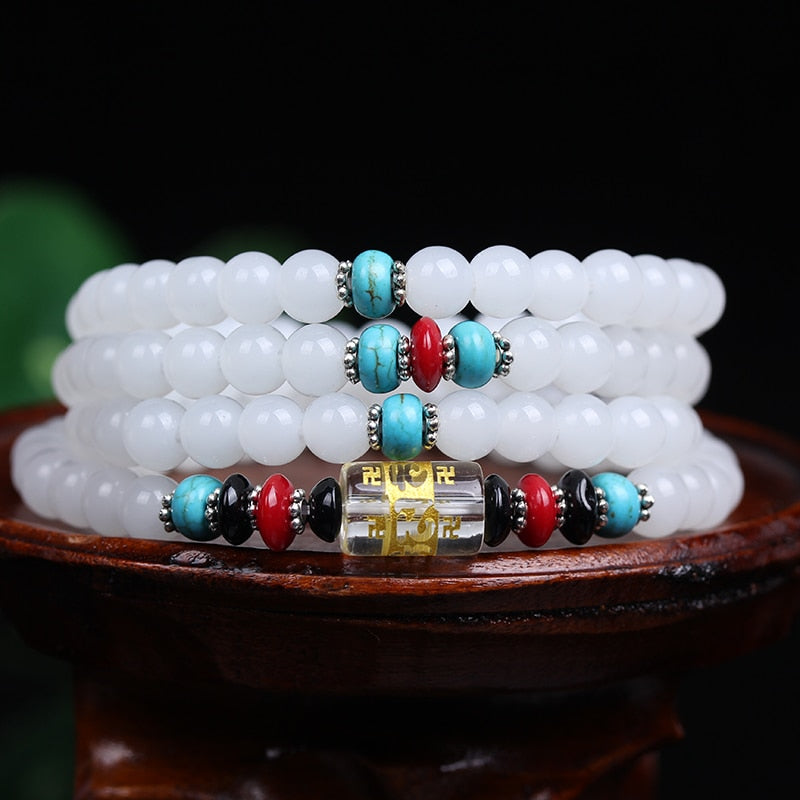 New Fashion 6mm White Chalcedony stone beads Tibetan Buddhist 108 Prayer Beads Gourd mala Prayer Bracelet for Meditation