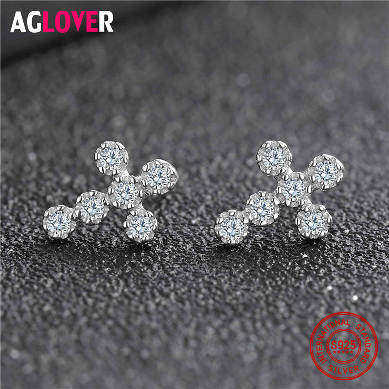New Fashion 925 Sterling Silver Clear CZ Sparkling Cross Stud Earrings For Women Luxury 925 Brand Jewelry Gift