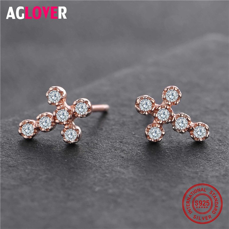 New Fashion 925 Sterling Silver Clear CZ Sparkling Cross Stud Earrings For Women Luxury 925 Brand Jewelry Gift