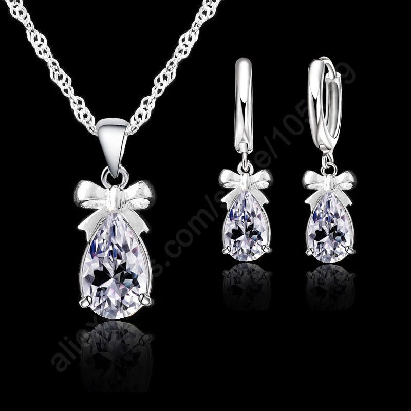 New Fashion 925 Sterling Silver Necklace Earrings Set With Clear Crystal Bow Tie Decoration Women Girls Party Engagement Jewelry