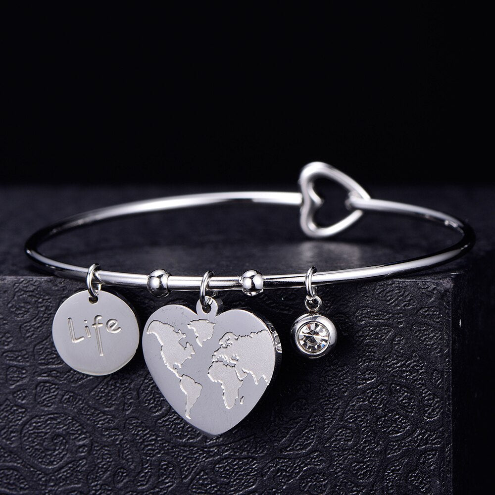 Adjustable Heart Stainless Steel Charm Bangle & Bracelet Silvery Alphabetic Map Women Jewelry Girl Gifts