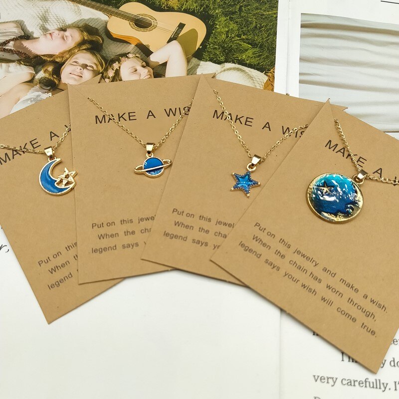 Blue Star Moon Planet Pendant Necklaces for Women Enamel Clavicle Chain Choker Girl Party Statement Jewelry Gifts