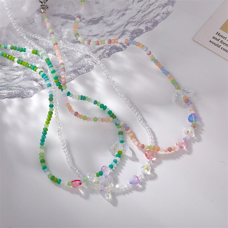 Butterfly Love Heart Candy Color Transparent Geometric Round Beaded Acrylic Necklace for Women Handmade Jewelry