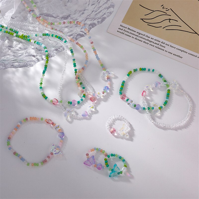 Butterfly Love Heart Candy Color Transparent Geometric Round Beaded Acrylic Necklace for Women Handmade Jewelry