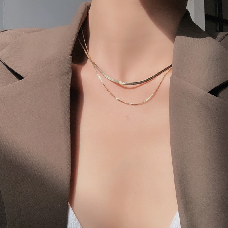Chic Simple Girls Delicate Box Chain and Herringbone Chain Necklace Double Layer Choker 1425Y