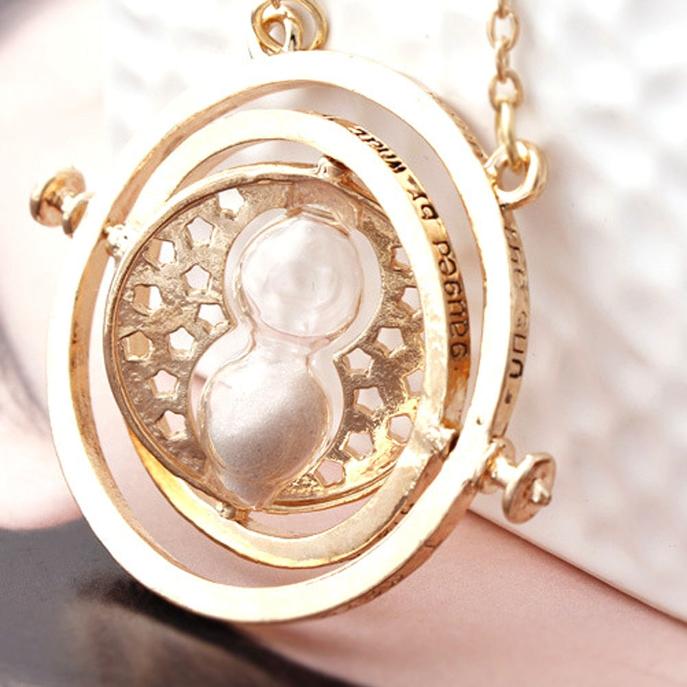 Cool Time Turner Rotating Hourglass Pendant Alloy Necklace Golden Color Gifts for Womens Girls