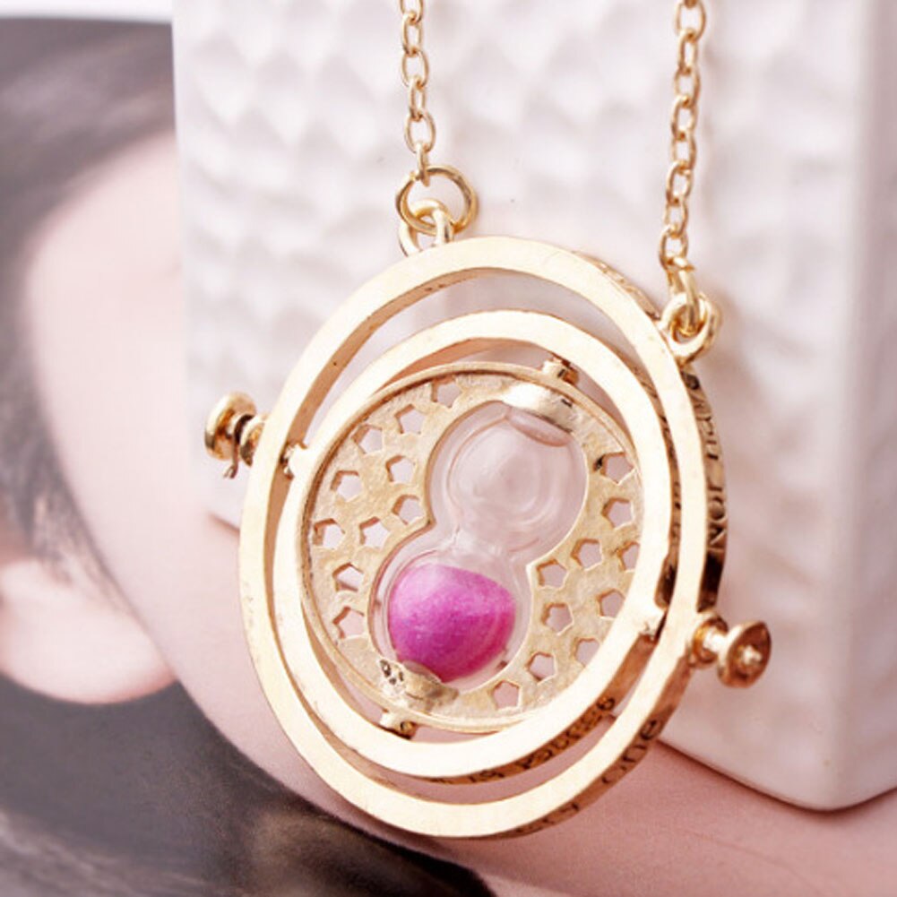 Cool Time Turner Rotating Hourglass Pendant Alloy Necklace Golden Color Gifts for Womens Girls