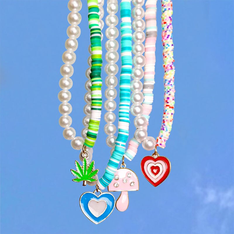 Cute Colorful Asymmetric Clay Pearl Drop Oil Heart  Leaves Mushroom Handmade Beaded Necklace For Women Party Jewelry