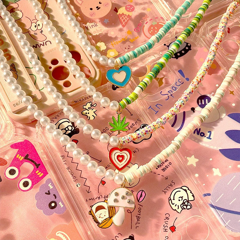 Cute Colorful Asymmetric Clay Pearl Drop Oil Heart  Leaves Mushroom Handmade Beaded Necklace For Women Party Jewelry