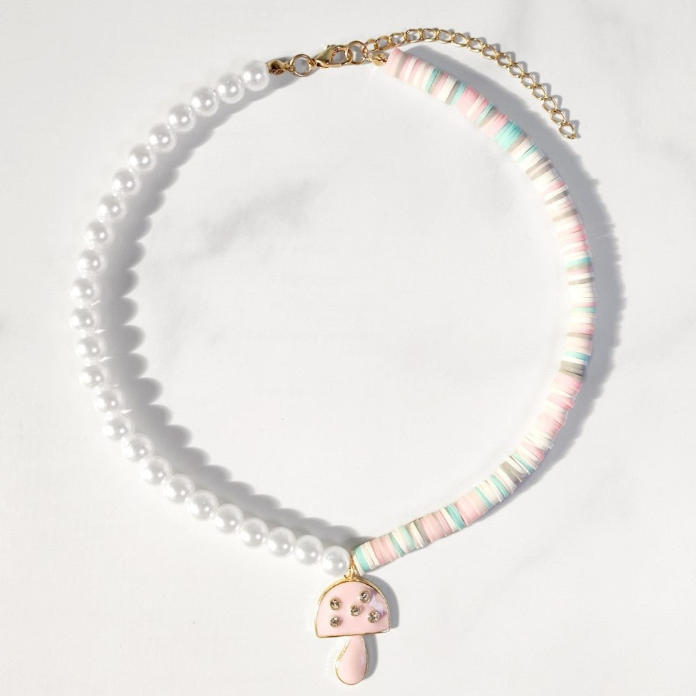 Cute Colorful Asymmetric Clay Pearl Drop Oil Heart  Leaves Mushroom Handmade Beaded Necklace For Women Party Jewelry