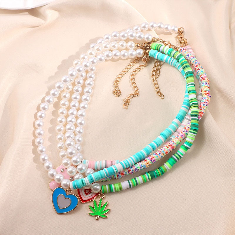 Cute Colorful Asymmetric Clay Pearl Drop Oil Heart  Leaves Mushroom Handmade Beaded Necklace For Women Party Jewelry