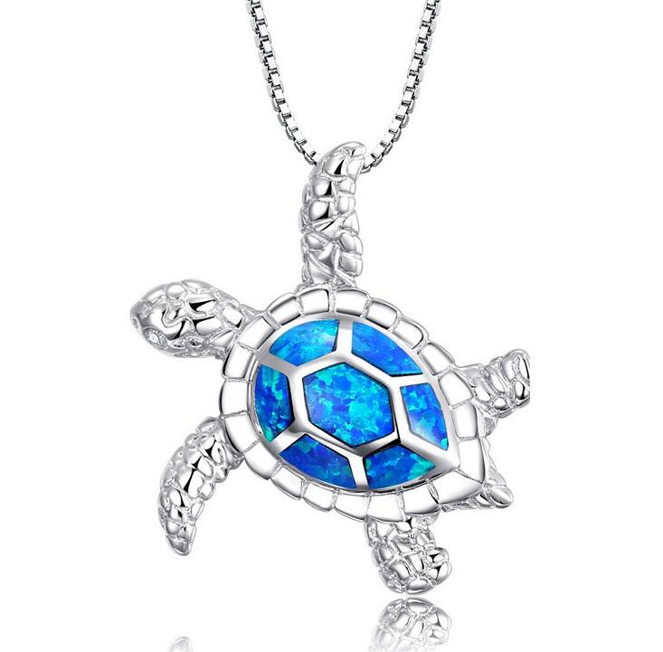 New Fashion Cute Silver Filled Blue Opal Sea Turtle Pendant Necklace for Women Female Animal Wedding Ocean Beach Jewelry Gift