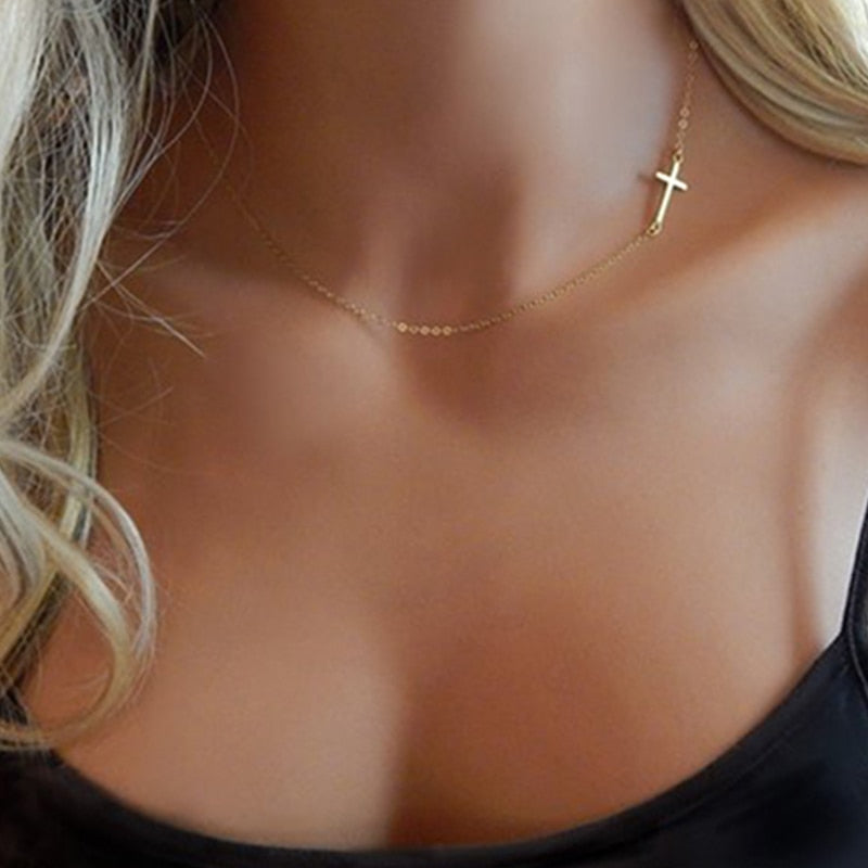 Faith Cross Pendant Necklace for Women Stainless Steel Religious Jewelry Gift Gold Color Clavicle Choker Necklace