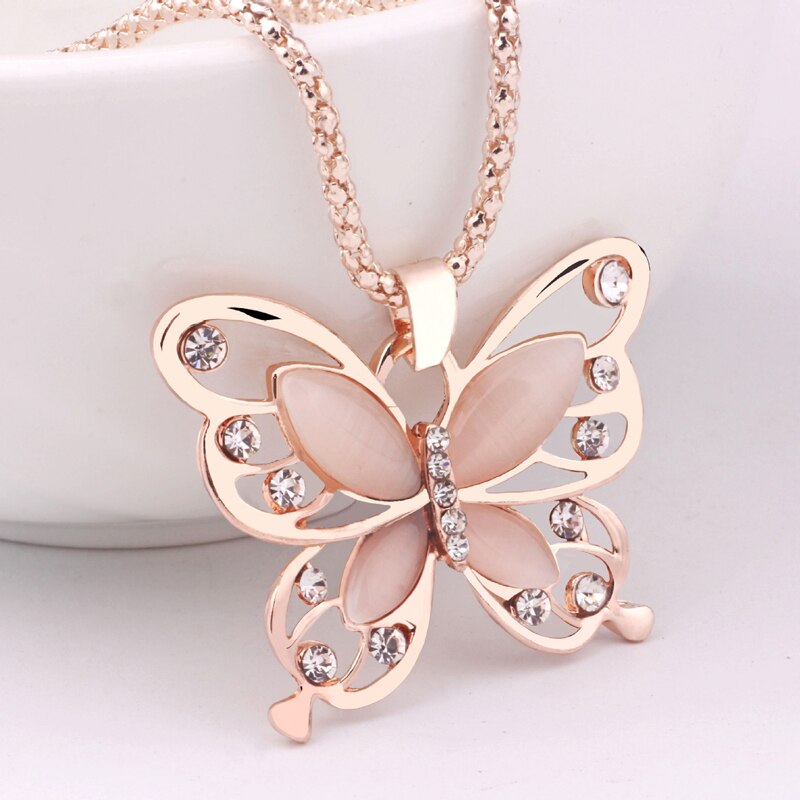 Flawless Women Lady Necklace Choker Pendent Rose Gold Opal Butterfly Pendant Exquisite Necklace Sweater Chain 2022