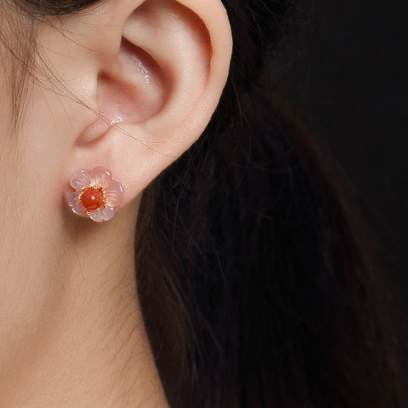 New Fashion Gemstone Stud Earrings For Lady,Glod Color 925 Pure Silver Inl Agate Vintage Earrings Girl Fine Jewels For Gift