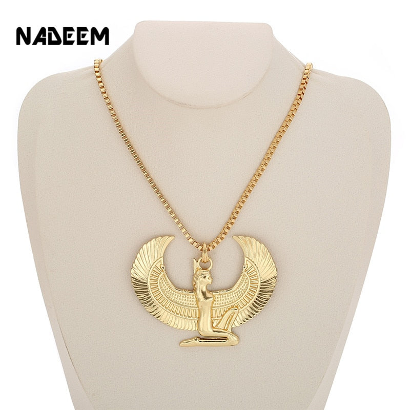 New Fashion Gold Color Punk Long Chain Hiphop Eagle Women Necklace Jewelry Egyptian Trendy Cross Angel Isis Pendant Necklace
