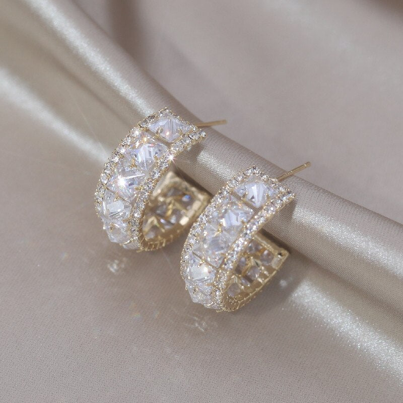 Jewelry 14K Gold Plating  Square Colored Zircon Half Circle Earrings Elegant Women's Daily Work Accessories