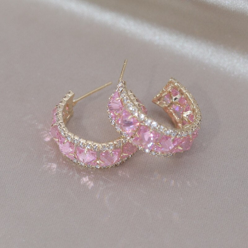 Jewelry 14K Gold Plating  Square Colored Zircon Half Circle Earrings Elegant Women's Daily Work Accessories